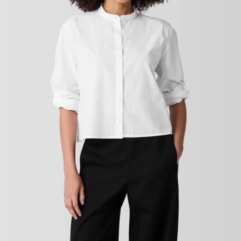 Eileen Fisher White Band Collar Shirt Size M Cotton Button Down Boxy Classic Top